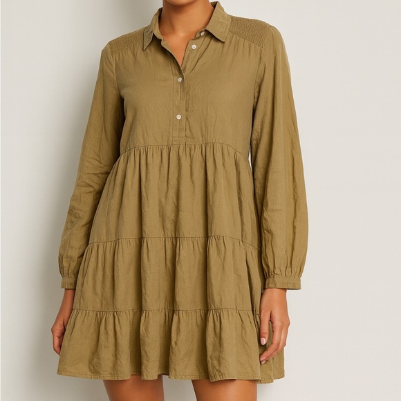 Zara Dresses & Skirts - Khaki green Zara midi long sleeve 3/4 button up babydoll casual dress size large